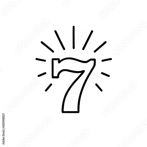Lucky seven icon in outline style with rays representing casino slot win
