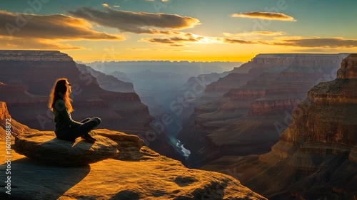 A person sits on a rock overlooking the Grand Canyon at sunrise