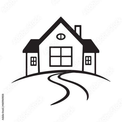Simple black and white outline illustration of a charming house with a winding path leading to the entrance