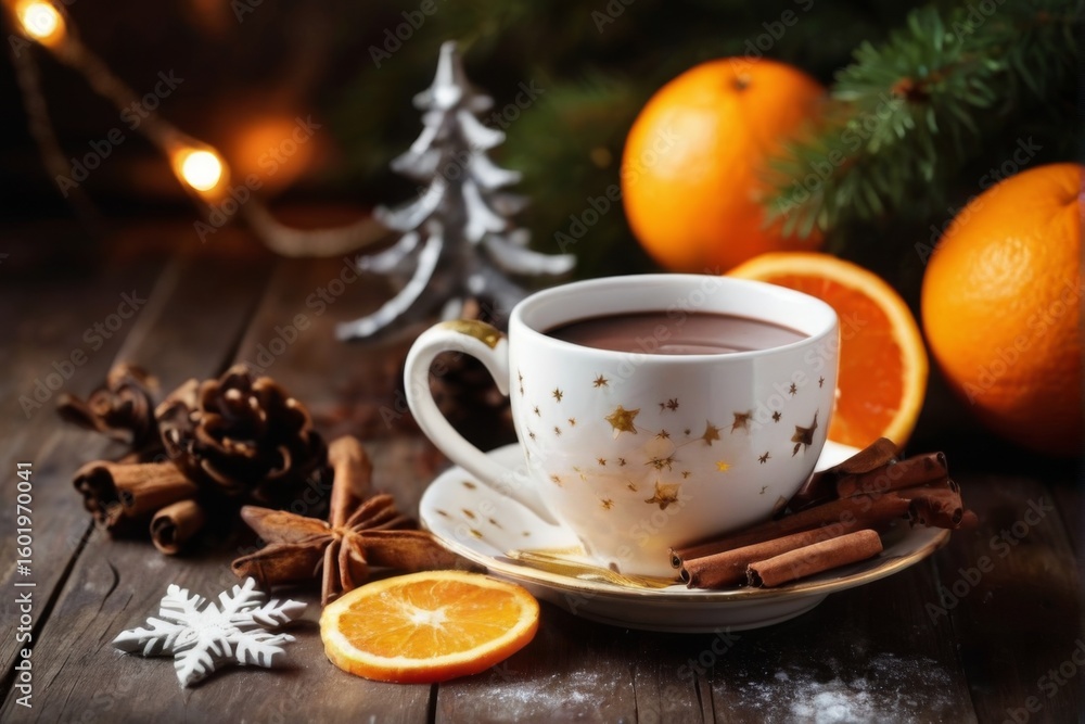 Festive and cozy closeup of hot chocolate cup with Christmas decorations on wooden table, blurred background. Festive and cozy closeup of hot chocolate cup with Christmas decorations on wooden table, blurred background.