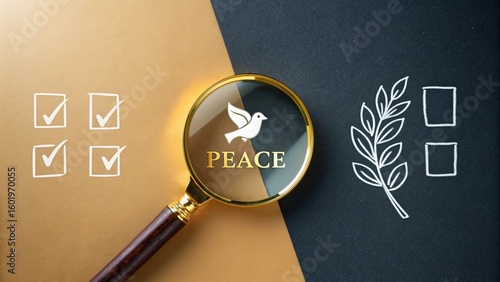 Peace process concept with magnifying glass, dove, olive branch and checklist for conflict resolution