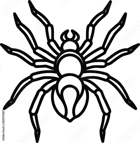 Stylized line art drawing of a black spider with eight legs