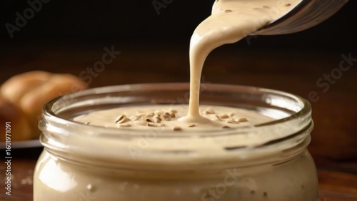 Creamy white sauce being drizzled on a glass jar, sprinkled with sesame seeds, on a wooden surface with bread rolls.