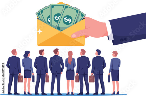 Business team receives salary bonus in an envelope with dollar bills.