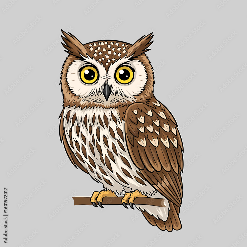 Obraz premium Brown and White Owl Perched on Branch with Bright Yellow Eyes