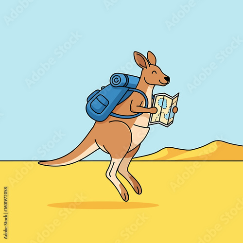 Adventurous Kangaroo with Backpack and Map Exploring the Outback