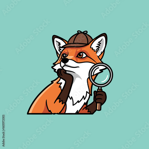 Cartoon fox detective with magnifying glass, wearing a brown hat, pondering a mystery