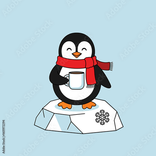 Cartoon penguin with red scarf holding a mug on an iceberg with snowflake