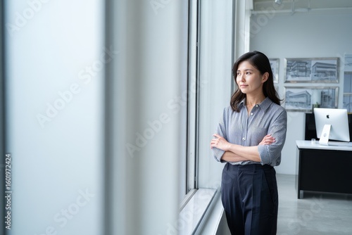 Portrait of asian businesswoman looking out window professional office setting