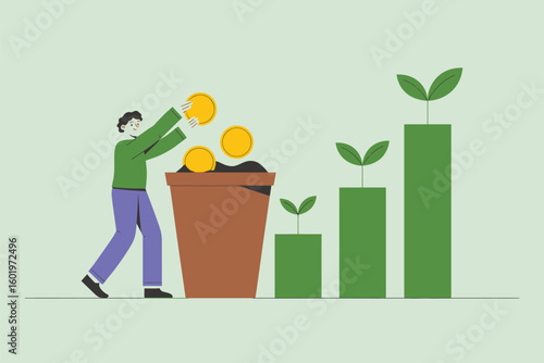 Person planting coins into a pot with growing plants and rising bar graph