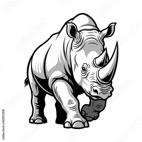 Monochrome Rhino Illustration: Powerful Horned Creature Walking Forward