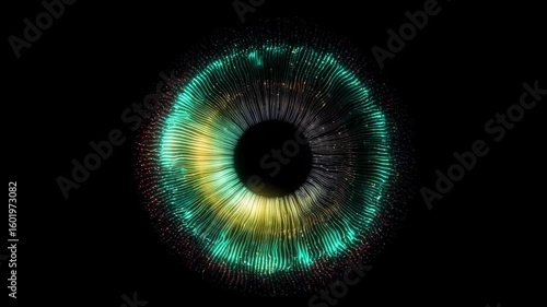 Digital abstract glowing ring resembling high tech eye or portal with radiating light beams and vibrant color patterns on black background, future technology, data, vision, AI and science innovation