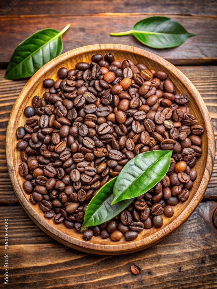 Fototapeta premium Freshly roasted coffee beans and tea leaves side by side on a wooden plate