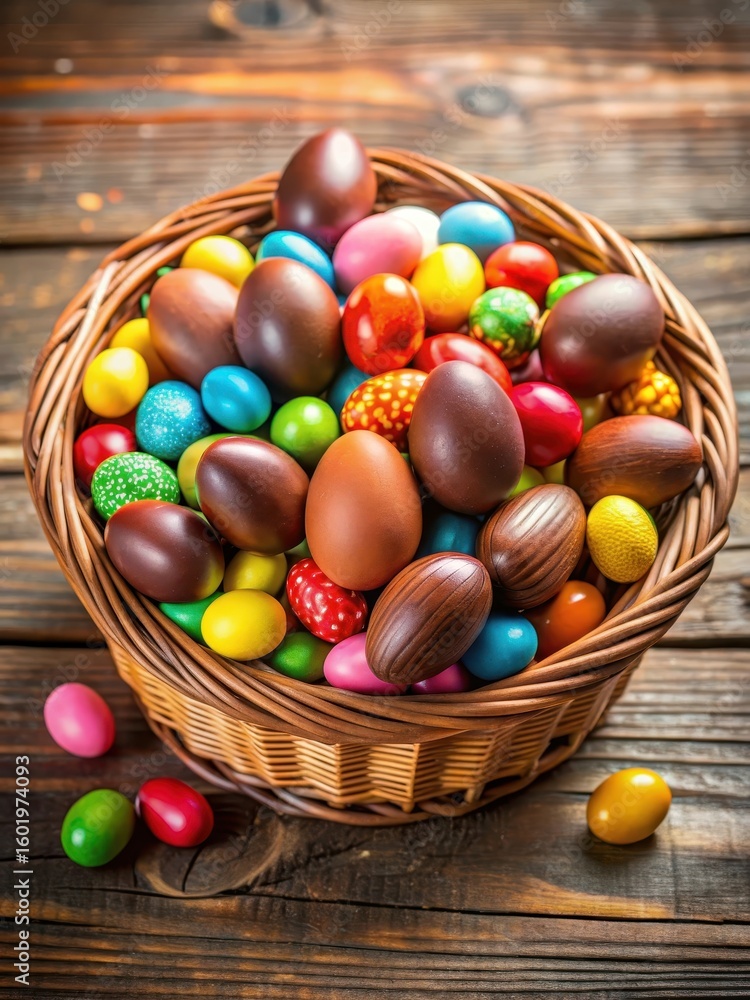 Fototapeta premium Easter eggs in a basket filled with colorful candy and chocolates