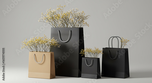 Black and tan paper bags with delicate yellow and white flowers shopping bags floral