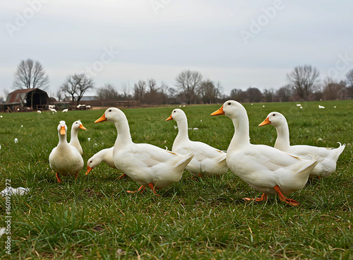 A flock of white geese standing in a green grassy field on a cloudy day