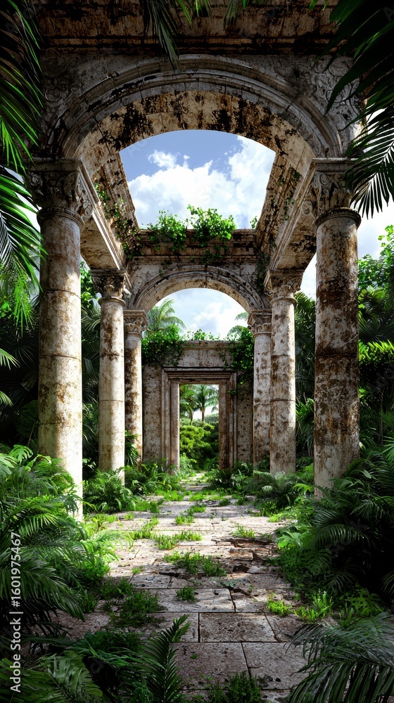 Obraz premium Ancient Ruins Overgrown by Lush Tropical Vegetation.