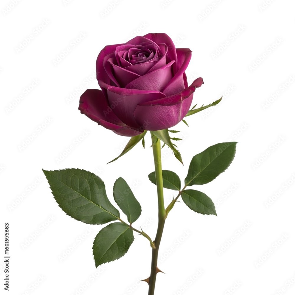 Single deep pink rose with green leaves isolated on transparent background Single deep pink rose with green leaves isolated on transparent background