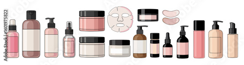 Set of skincare cosmetic products – cream jars, serums, lotion bottles, masks, and patches. Beauty product mockups Flat vector illustration isolated on transparent background.
