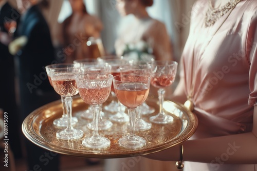A server presents a tray with a glass of pink champagne, and a woman in a cocktail dress selects one of the glasses at a gathering, celebration, or wedding.