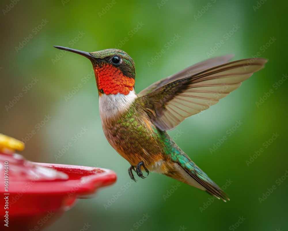Fototapeta premium Hummingbird On Feeder. Exquisite Nature Moment with Colourful Bird Feeding