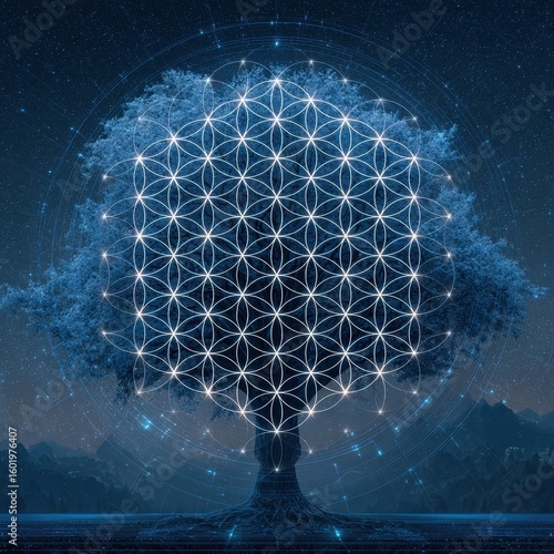 Kabbalah. Digital Display of Alchemy Energy in Futuristic Flower of Life Banner
