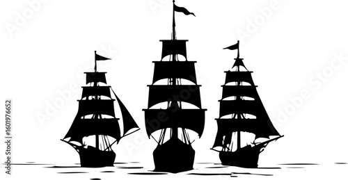 set of sailing ship silhouette, ship, boat, sea, sail, sailboat, sailing, ocean, yacht, pirate, water, old, vector, nautical, vessel, silhouette, travel, mast, transportation, vintage, marine, illustr