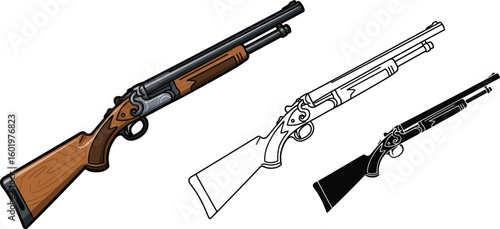 Downloadable vector illustration of shotgun firearm weapon in color outline and silhouette style images