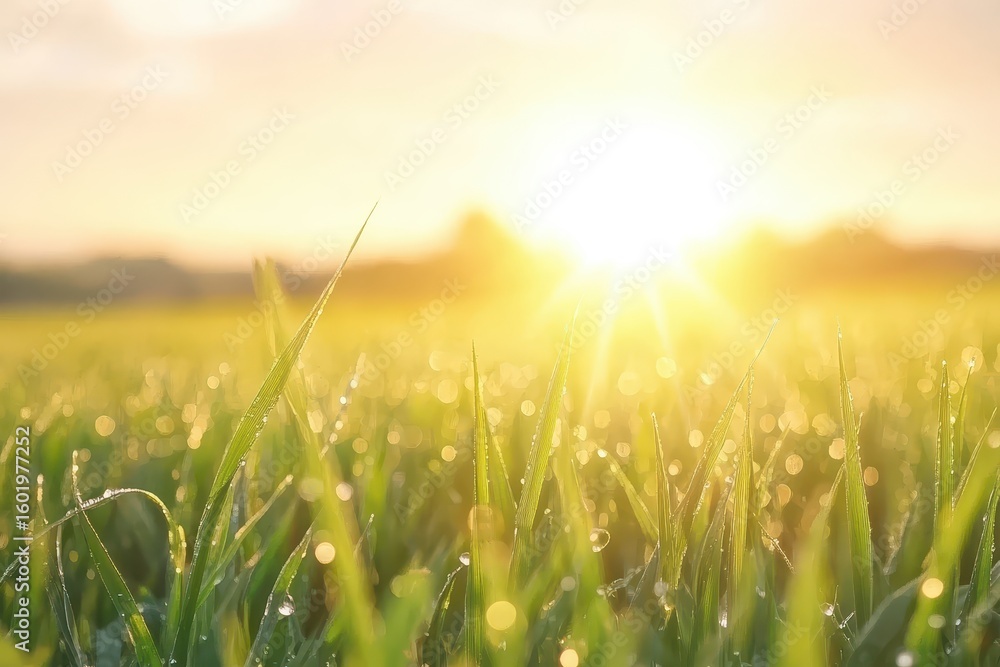 Fototapeta premium Dew-kissed grass at sunrise.