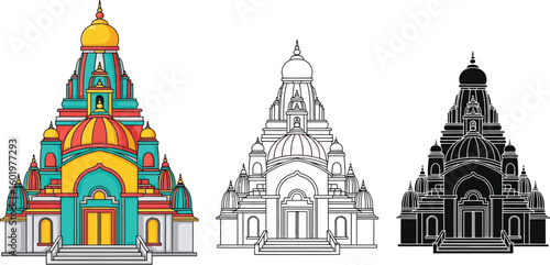 Vector temple illustration: hindu temple drawing with colorful and monochrome versions for graphic design use