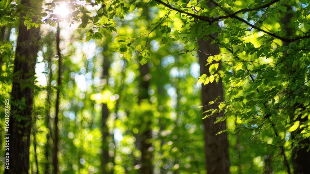 Fototapeta premium Maryland Trees. Vivid Sunlight Filtering Through Green Forest Bokeh