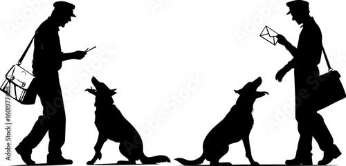 Mailman and Barking Dog Silhouettes - Postal Delivery Scene