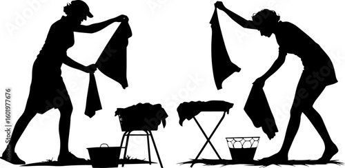 Women Doing Laundry Silhouettes - Traditional Housework Scene