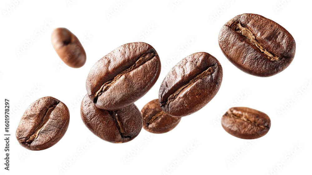 Obraz premium Roasted coffee beans scattered on white background