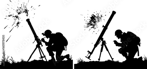 Soldier Firing Mortar Silhouette - Military Combat Action