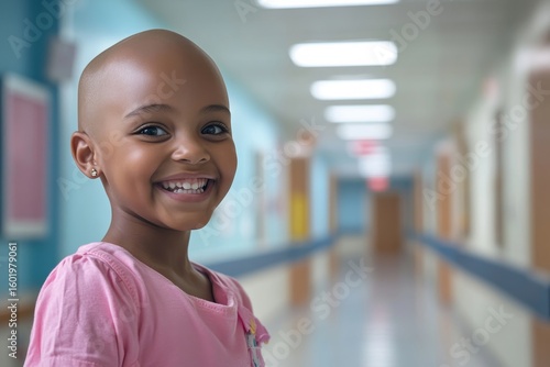 Cancer Survivors Day, bald Black child in a pink princess dress in a hospital corridor. Happy little African American girl recovering from cancer treatment. Healthcare marketing concept, Generative AI