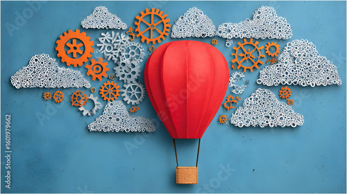 hot air balloon drifting through a whimsical sky filled with gears and clouds