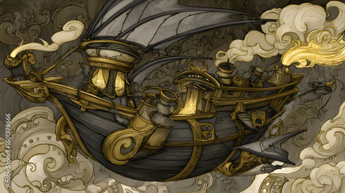 hot air balloon drifting through a whimsical sky filled with gears and clouds