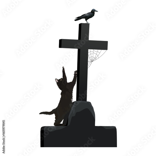 Silhouette black cat tries to climb up and catch a crow that is perched on the top of the old cross of a grave which has spider webs clinging isolated on white background graphic illustration.