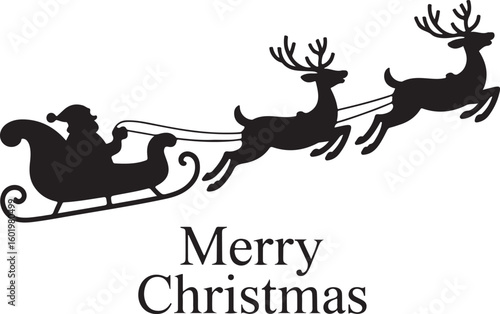 Santa Claus ride sleigh drawn flying reindeer Christmas illustration