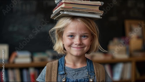 Elementary school girl carefully balancing books on head, smiling brightly in library classroom, highlighting academic playfulness and learning spirit