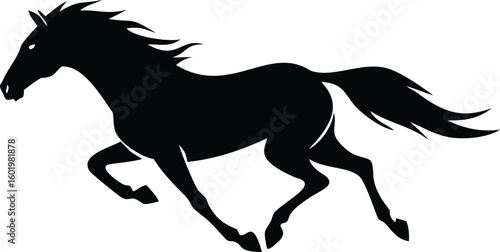 Silhouette of a Galloping Horse with Flowing Mane and Tail on White Background