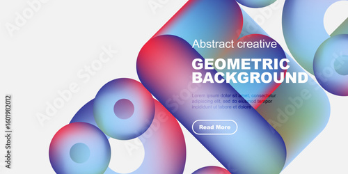 Abstract geometric shapes, vibrant colors, modern design. Text overlay includes geometric background, plus sample text, button. Minimalist aesthetic.