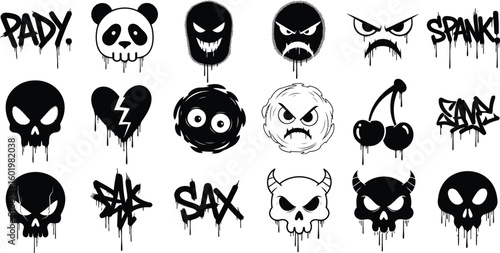 Vector graffiti elements collection with skulls panda heart cherries and spray paint drips for design use