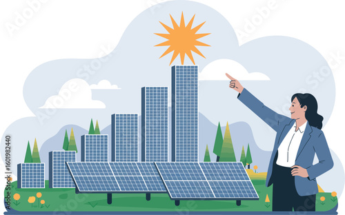 Woman points to sun over solar panels and modern buildings symbolizing renewable energy and sustainability