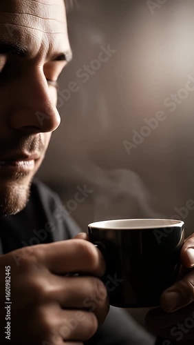 Coffee making vertical with man drinking hot coffee with cinematic steam and calm expression