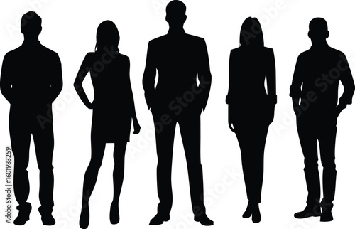 Silhouette of Five People Two Women, Three Men, Standing Together on White Background