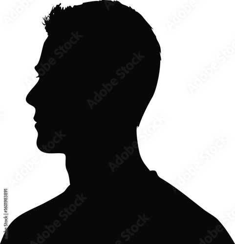 Silhouette Profile of a Man Side View of Face, Neck, and Shoulders Against White Background