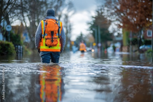 Wallpaper Mural A person wearing a bright orange safety vest and backpack wades through a flooded urban street during daytime. Torontodigital.ca