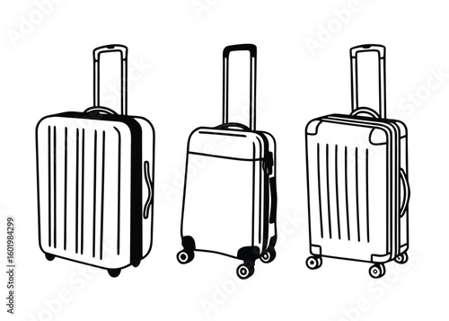 Three hand drawn suitcases with wheels and handles isolated on transparent background